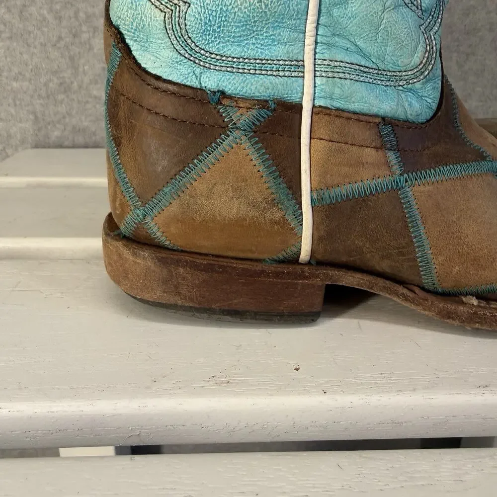 HP Western Boots Girls Size 1 Blue Brown Leather Embroidered Cowboy